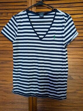 Ralph Lauren Sport Ladies V Neck Blue & White Striped Tee With Green Pony Size L
